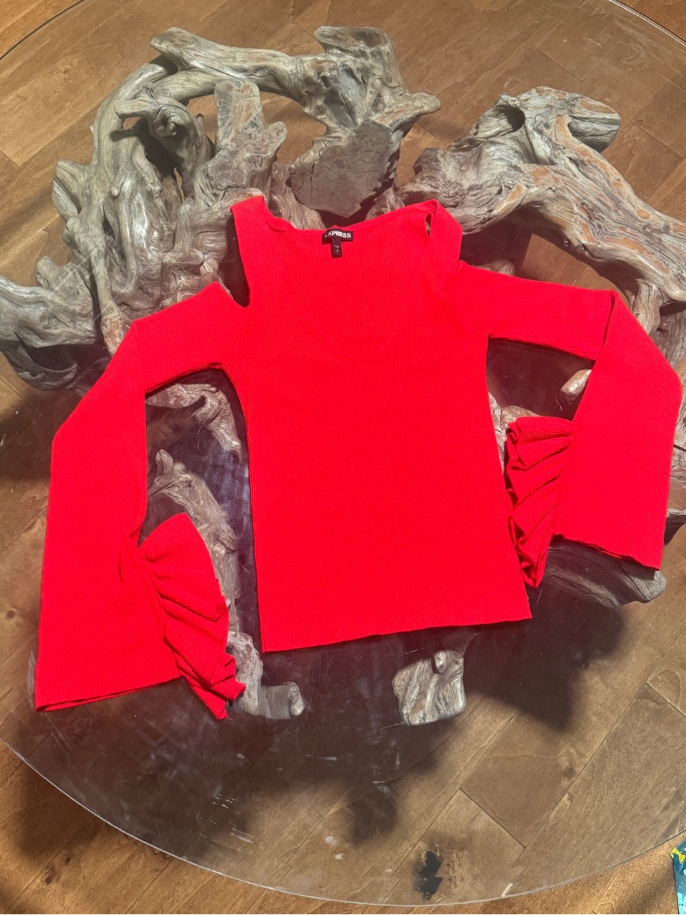 Express Cold Shoulder V Neck with Ruffle Bell Sleeves
